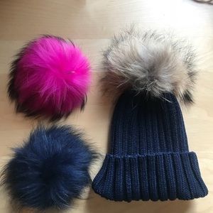 Navy fur pom beanie with snap off fur poms